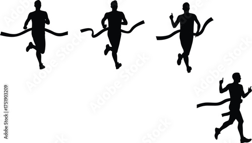 Runner silhouette crossing finish line, athlete winning race, sports success, marathon competition, track and field victory, fitness motivation concept illustration