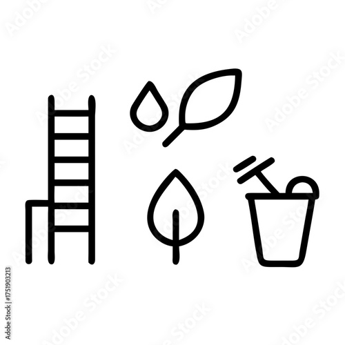 Ladder, leaves, and bucket showing gardening tools