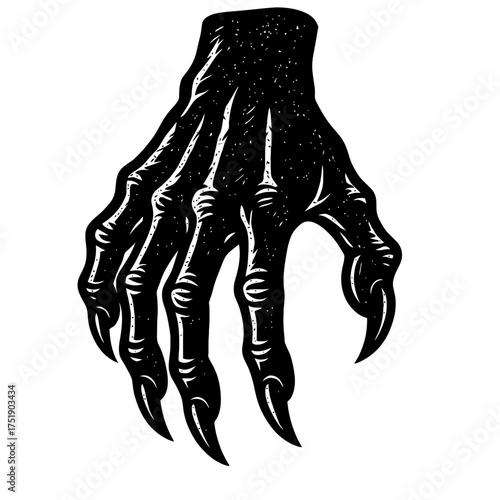 Hauntingly detailed black and white woodcut illustration of a skeletal monster hand with razor-sharp claws and gnarled, bony fingers, perfect for gothic horror designs, Halloween decorations, dark fan