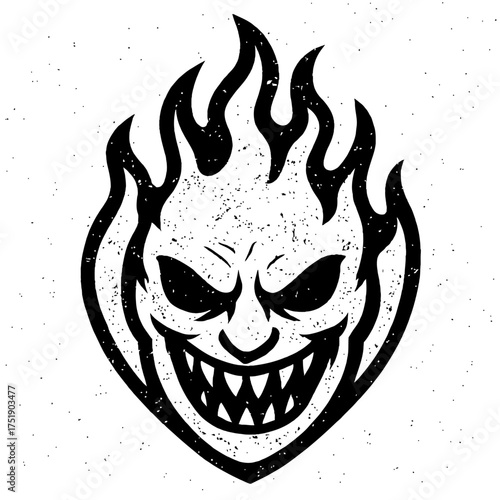 Iconic Distressed Spitfire Flame Head Logo Vector Art - Grinning Demon Skull in Flames, Perfect for Skateboarding Apparel, Grunge Streetwear Designs, and Urban Graphics with a Retro, Edgy, Aggressive