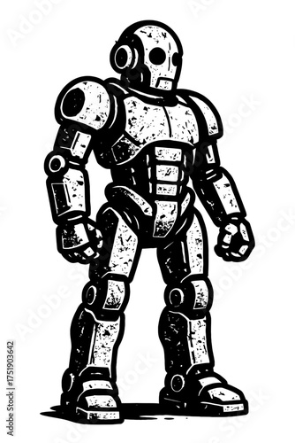 Powerful distressed black and white illustration of a formidable, retro-futuristic bipedal humanoid robot with intricate weathered armor, standing firm. This striking graphic design embodies classic s