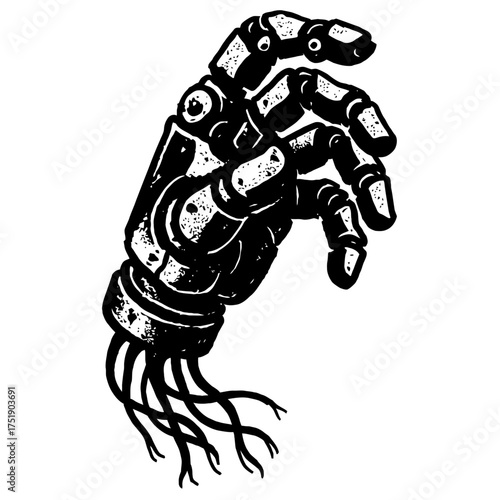 Vector illustration of futuristic robotic hand, bionic structure, exposed wires. Advanced AI, cybernetic technology, automation, sci-fi. Represents human-machine interface, digital evolution, industri