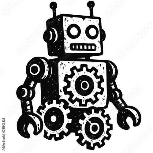 Black and white vintage mechanical robot illustration with prominent gears, featuring antennae, circular eyes, and pincer hands. A distressed, retro design for technology, AI, and industrial automatio