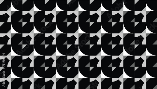 A bold black and white seamless geometric pattern featuring circular shapes combined with angular arrow-like elements. The repeated layout creates a sense of motion and rhythm, giving a dynamic yet mi