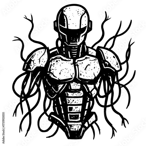 Gritty Cybernetic Warrior Sentinel Art: Striking Black and White Illustration of an Armored Robotic Figure with Mysterious Organic Tendrils, Blending Sci-Fi Tech with Eldritch Elements for a Dark, Fut