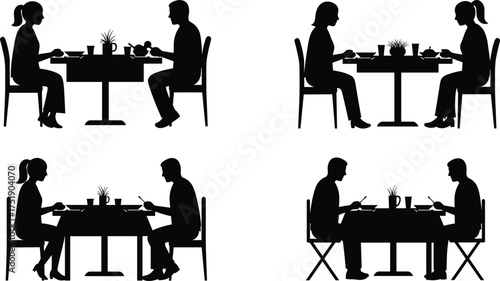 Silhouette of people dining at restaurant table, couple and friends eating together, romantic dinner and social gathering vector illustration