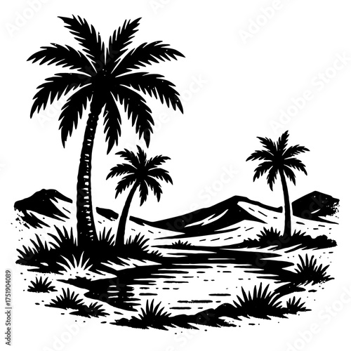 Exotic desert oasis silhouette illustration in black and white, featuring tall palm trees, vast sand dunes, and a calm water body. A tranquil nature landscape for travel, tropical, and adventure-theme