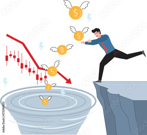 Financial risk, greed and fear investment, making money, debt or loss problem, chasing investment return, danger or crisis, businessman risk himself chasing money to grab flying dollar gold coin.