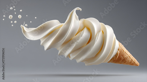 Vanilla Soft Serve Ice Cream Cone Floating on Gray Background