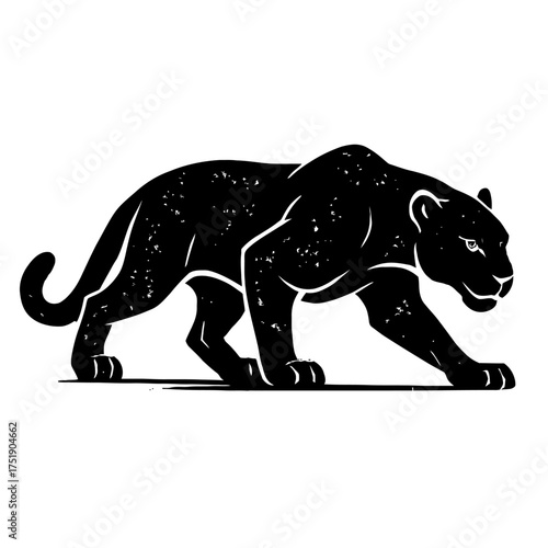 Black Panther Silhouette: Powerful, stealthy, distressed grunge style wild cat illustration. Ideal for logos, apparel, tattoo, digital art. Captures raw strength, mystery, untamed wilderness essence.