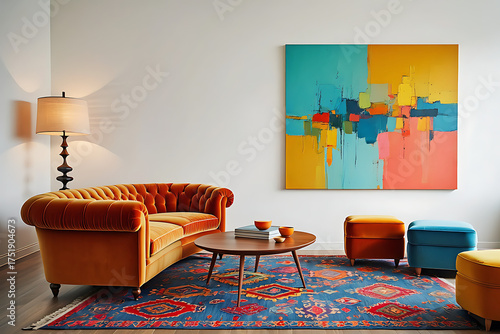 Vibrant Living Room Interior With Colorful Furniture And Abstract Art