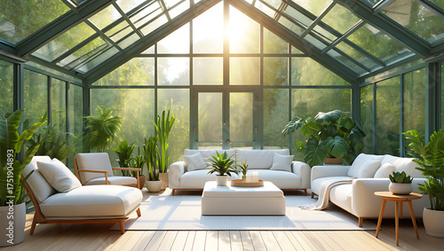 Sunlit Conservatory with White Sofas and Abundant Green Plants sunroom greenhouse isolated on a transparent background