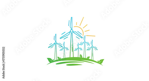 Colorful hand-drawn illustration of wind turbines and sun representing green energy.