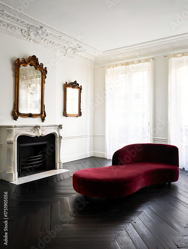 Elegant Living Room with Red Chaise Lounge and Ornate Fireplace b3fe 448c isolated on a transparent background