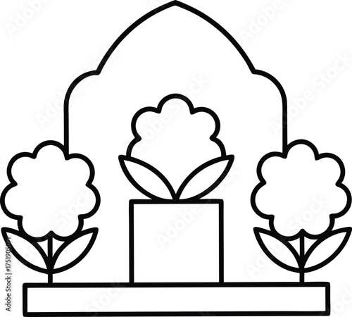 Simple outline of three flowers in pots under an archway garden blossom