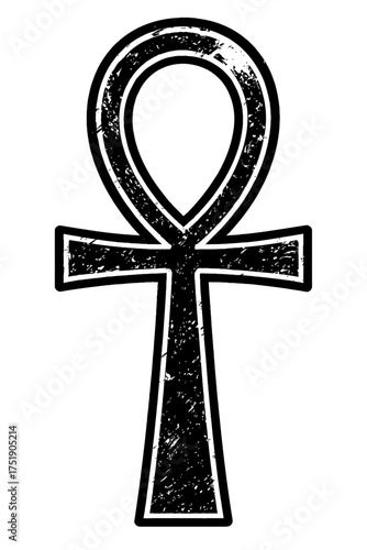 Distressed Ankh Symbol Vector Icon - Ancient Egyptian Key of Life with Grunge Texture, Cross of Life Emblem for Eternal Life and Spirituality, Black and White Graphic Representing Immortality and Rebi