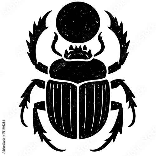 Ancient Egyptian Scarab Beetle Silhouette with Sun Disk: A Powerful Symbol of Rebirth, Protection, and the Sun God Khepri's Journey. Classic Mythology Icon, Perfect for Cultural, Spiritual, and Histor