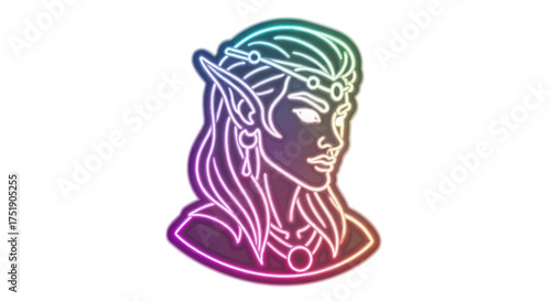 Neon Outline Portrait of a Mystical Elf Princess with Flowing Hair.