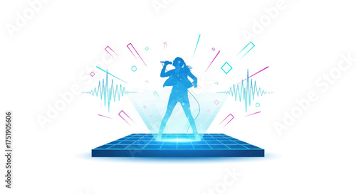 Silhouette of a singer performing on a glowing stage with sound waves.