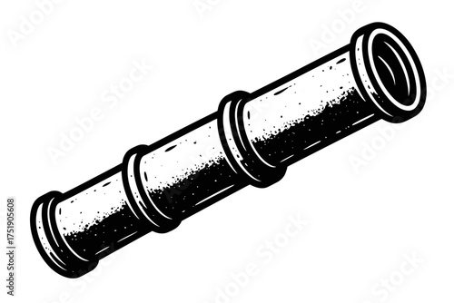 Monochromatic hand-drawn vintage spyglass illustration, perfect for pirate, nautical, or adventure-themed designs. This classic optical instrument features a distressed grunge texture, ideal for retro