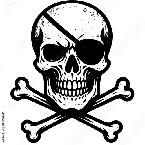 Distressed Black and White Pirate Skull and Crossbones with Eyepatch Vector Graphic - Iconic Jolly Roger Design for T-Shirts, Logos, Tattoos, and Halloween Decorations, Perfect for Vintage Nautical Th