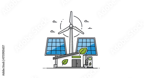 Renewable energy station with wind turbine and solar panels.