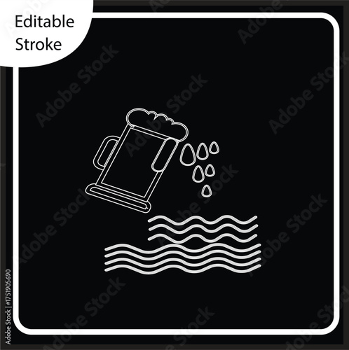 A minimalist white line icon depicting a foamy beer mug being tilted to pour liquid drops into wavy lines below, set against a square black background. This bold, high-contrast, editable stroke symbol