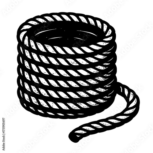 Striking black and white illustration of a robust, tightly coiled rope, perfect for diverse design applications. This vintage-style graphic showcases the textured detail of braided cordage, symbolizin