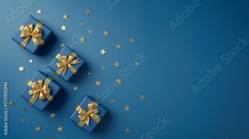 Blue gift boxes with golden ribbons and stars on a blue background.