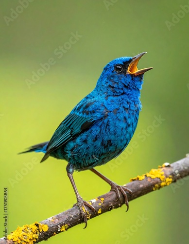 Vibrant blue bird singing on a lichen-covered branch against a blurred green background