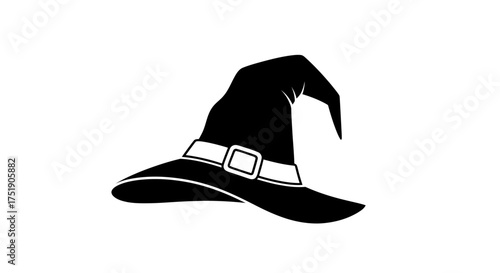 Classic Black Witch Hat with White Buckle Detail.