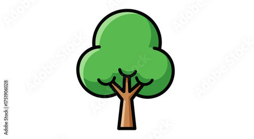 Simple Cartoon Style Green Tree Illustration with Brown Trunk and Black Outline.