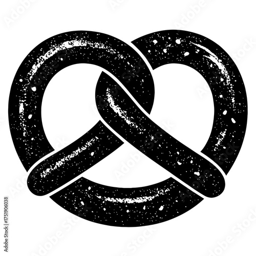 Iconic black and white pretzel silhouette vector illustration with distressed texture, evoking a classic German bakery snack. Perfect for food blogs, restaurant menus, culinary designs, Oktoberfest pr