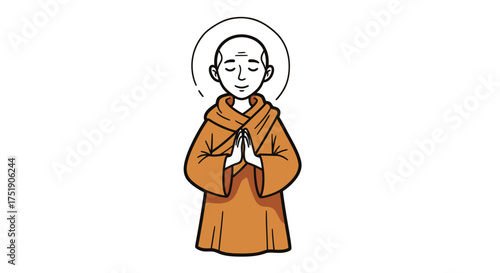 Cartoon Buddhist Monk in Prayer with Halo.