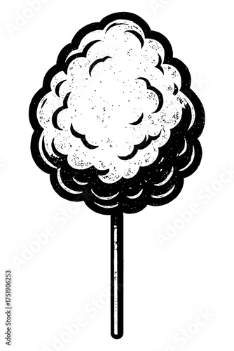 Hand-Drawn Vintage Distressed Cotton Candy on a Stick Illustration. Monochrome Grunge Fluffy Spun Sugar Sweet Treat Vector Graphic. Ideal for Carnival, Fairground, Retro Party & Whimsical Celebration