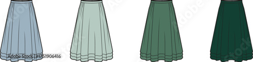 Elegant vector illustration set of four pleated long maxi skirts in a sophisticated green and blue gradient color palette for fashion design