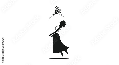 Silhouette of a Bride Tossing Her Wedding Bouquet in the Air Catching Moment.