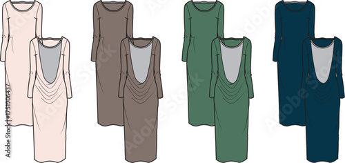 Vector fashion flat sketch set of an elegant long sleeve maxi dress with a dramatic low cowl back, presented in four different colorways for apparel design