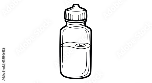 Illustration of a clear glass bottle with a dropper cap and liquid inside.