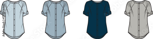 Set of women's raglan sleeve button-up tunic blouses in different colors. Fashion technical flat sketch vector template