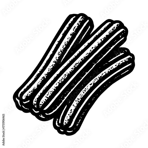 A striking black and white woodcut style illustration of multiple delectable, crispy churros, featuring rich textural details and a classic ridged appearance, perfect for food blogs, restaurant menus,