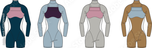 Modern women's full-body athletic swimwear designs in a vector illustration, presenting stylish halter-neck styles with varied color options suitable for aquatic activities
