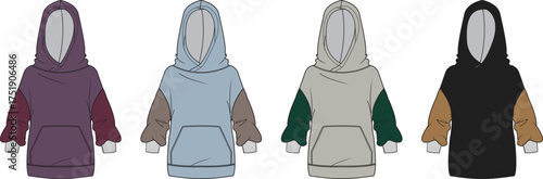 Set of colorblock hooded sweatshirt technical flat sketches. Fashion apparel template collection with multiple color variations for design mockups
