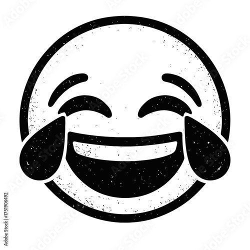 High-contrast, distressed black and white vector illustration of the iconic 'face with tears of joy' emoji, perfectly capturing extreme amusement, uncontrollable laughter, and overwhelming happiness.