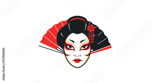Stylized Geisha Head with Traditional Makeup and Red Fan Illustration.