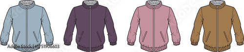 Collection of four distinct zipper jackets in various colors displayed side by side