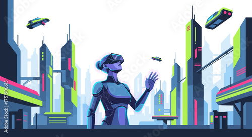 Futuristic Woman in VR Headset Interacting with Virtual Reality in Neon Cityscape.