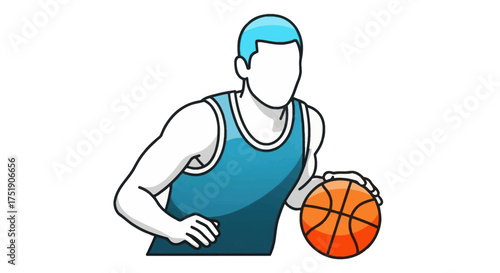 Cartoon Basketball Player Dribbling Orange Basketball Vector Illustration.