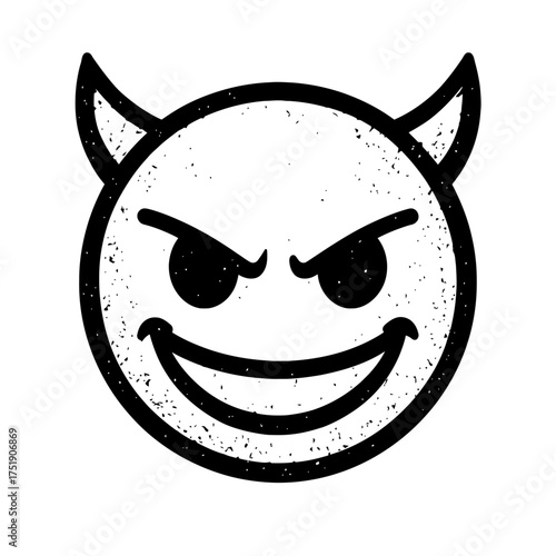 Mischievous Devil Emoji with Grinning Face and Horns, Black & White Grunge Texture. Express playful wickedness, cunning, trickery, or a naughty spirit in digital art, Halloween designs, or rebellious