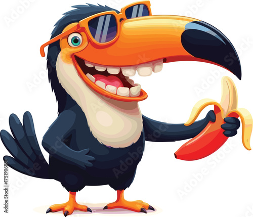 Cool Cartoon Toucan Bird Wearing Sunglasses, Happily Holding a Peeled Banana, Ready for a Tropical Summer Vacation Adventure Vector Illustration.